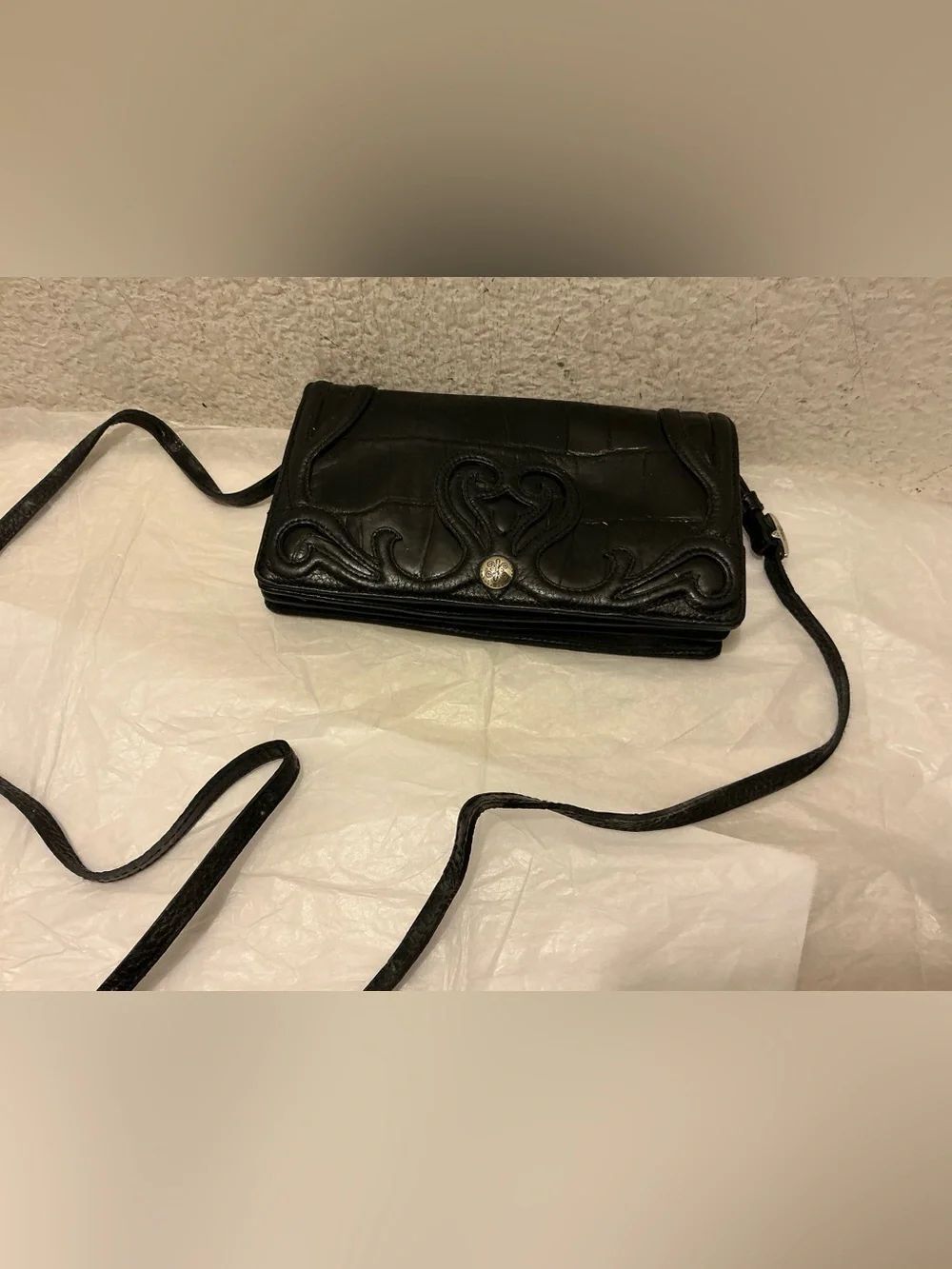 Brighton Black Leather Crossbody with Embossed Scroll and Snap